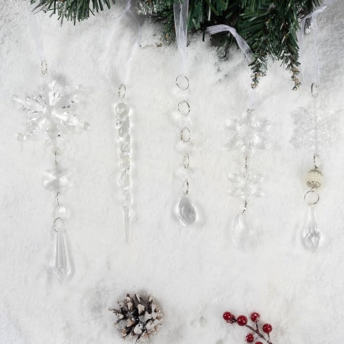 Christmas Tree Decoration Crystal Ornaments - 48pcs Acrylic Christmas Ornaments Snowflake Icicle Drop Crystal Hanging Ornaments for Xmas Tree Winter Holiday Frozen Party Decorations