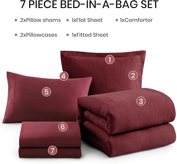 Monbix King Size Comforter Set Red, Cationic Dyeing Reversible Bedding Set 7 Pieces, All Season Bed in a Bag with Sheets, Pillowcases & Shams