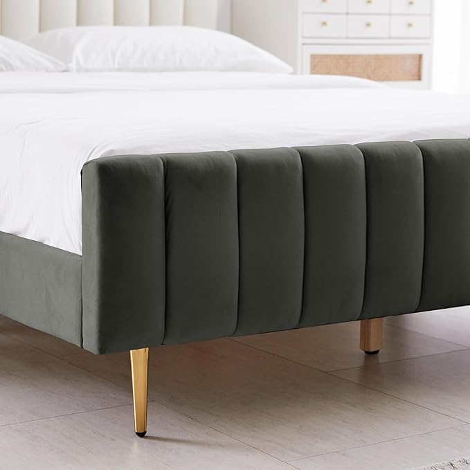Livinia Queen Size Elton Velvet Platform Bed, Upholstered Bed Frame with Vertical Channel Tufted Headboard Footboard, Strong Wood Slats, No Box Spring Needed, Gray (Queen)