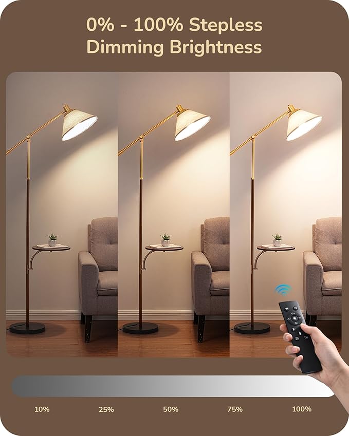 EDISHINE 68" Arc Floor Lamp with Table, Vintage Standing Lamp for Living Room Tall Reading Lamp, Beige Shade, Adjustable Arm, Remote Dimmable Bulb Included, for Bedroom Office, Wood Grain