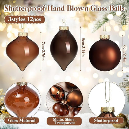Zomiboo 12 Pcs Brown Glass Christmas Ball Ornaments Set 3.15" Hanging Shatterproof Glass Bulbs for Christmas Tree Baubles Bulk for Holiday Xmas Tree Decorations Gifts
