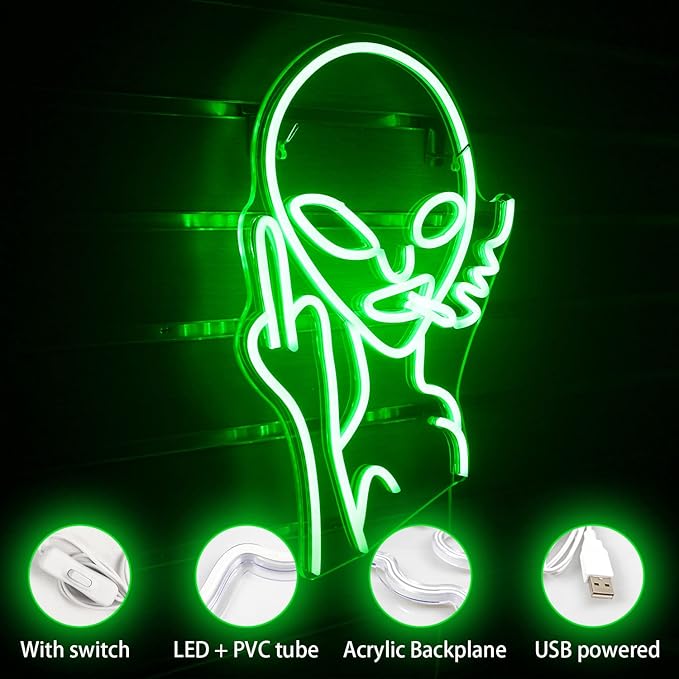 Lucunstar Green Alien Neon Sign,Neon Sign for Room,Alien Neon Signs for Wall Decor,Game Room Decor,Hip Hop Party LED Sign For Teen Room,Green Wall Decoration,Bedroom Wall Decor,Home Wall,Party Light