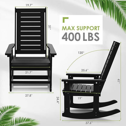 GREENVINES Outdoor Rocking Chairs | Set of 4 | Porch Rocker | HDPE Plastic | Black | Oversized Rockers | High Back | Big & Tall | Ladder Back | for Patio Outside Backyard Balcony Garden