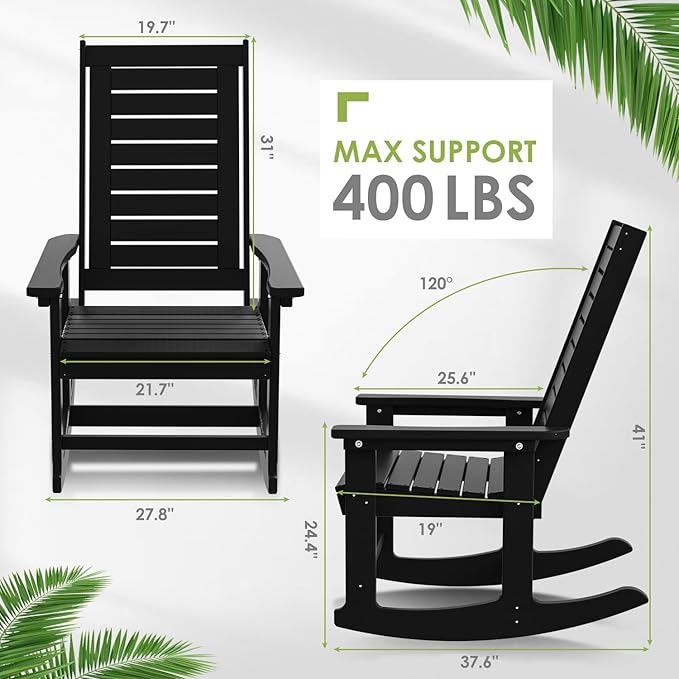 GREENVINES Outdoor Rocking Chairs | Set of 2 | Porch Rocker | HDPE Plastic | Black | Oversized Rockers | High Back | Big & Tall | Ladder Back | for Patio Outside Backyard Balcony