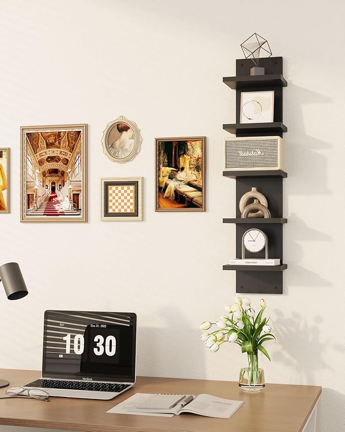 IBUYKE 5 Tier Wall Shelf Unit,Black Vertical Shelf,Floating Storage Wall Shelf,Decorative Wall Mount Vertical Shelving for Home, Bedroom,Living Room,Office Decor WBC009B