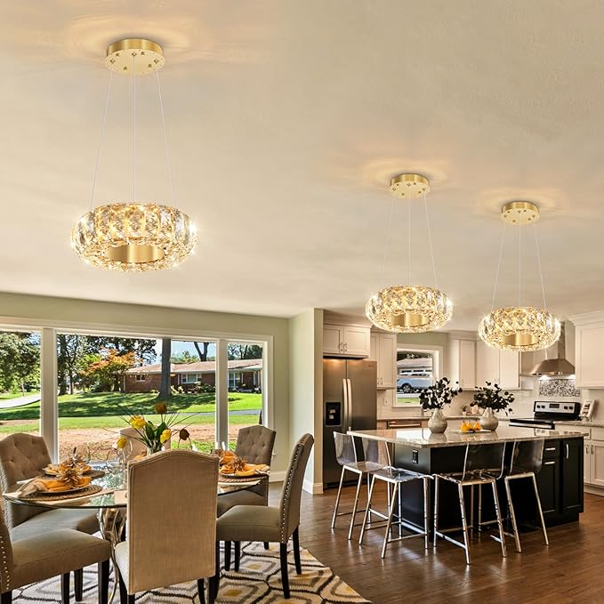 8" Ring Modern LED Dimmable Crystal Chandelier Adjustable Height Pendant Light Round Crystal Chandelier Light Fixtures for Dining Room Living Room Kitchen Island Gold