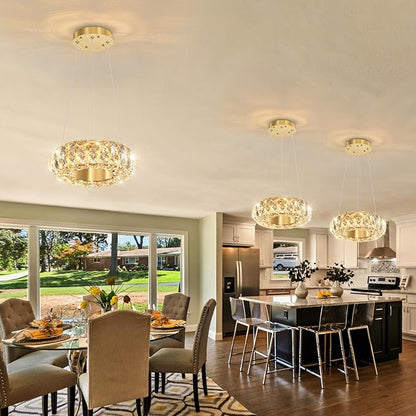 8" Ring Modern LED Dimmable Crystal Chandelier Adjustable Height Pendant Light Round Crystal Chandelier Light Fixtures for Dining Room Living Room Kitchen Island Gold