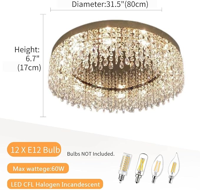 Modern Gold Crystal Ceiling Light Chandelier 31.5in Raindrop Crystal Chandelier Large Flush Mount Light Fixtures for Living Room Dining Room Bedroom