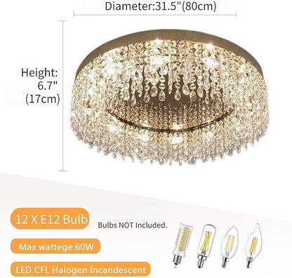 Modern Gold Crystal Ceiling Light Chandelier 31.5in Raindrop Crystal Chandelier Large Flush Mount Light Fixtures for Living Room Dining Room Bedroom
