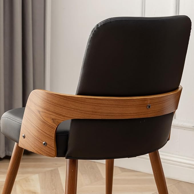 Dining Room Chairs Set of 2,Mid Century Modern Kitchen Chairs,Upholstered Faux Leather Chairs,Metal Legs Wooden Desk Chairs,Armless and No Wheels for Kitchen Dining Living Room,Black