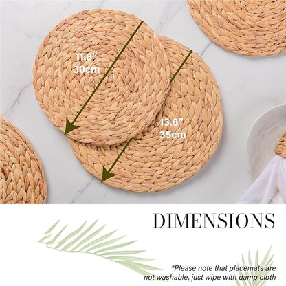 13.8" Set of 6 Round Water Hyacinth Placemats | Boho Woven Rattan Table Mats | Farmhouse Wicker Spring Plate Chargers Like Corn Husk, Seagrass for Wedding, Party, Christmas, Events