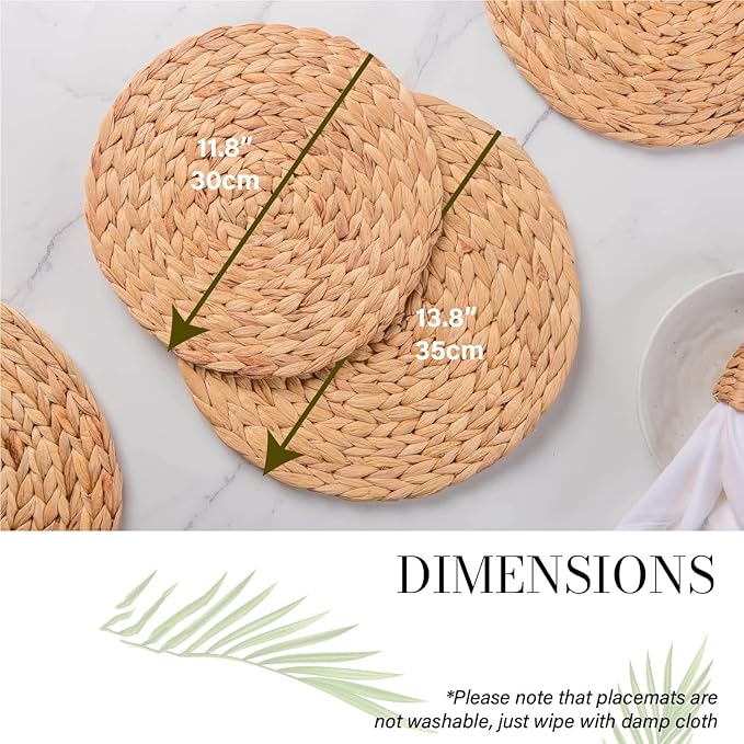 13.8" Set of 4 Round Water Hyacinth Placemats | Boho Woven Rattan Table Mats | Farmhouse Wicker Spring Plate Chargers Like Corn Husk, Seagrass for Wedding, Party, Christmas, Events