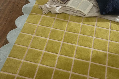Checkered Wool Area Rug with Scalloped Border, Chartreuse Green & Cream Grid, Hand-Tufted, Soft Cut Pile, Modern Cottagecore Living Room, Bedroom & Nursery Carpet - 9x12 Ft