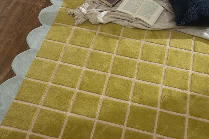 Checkered Wool Area Rug with Scalloped Border, Chartreuse Green & Cream Grid, Hand-Tufted, Soft Cut Pile, Modern Cottagecore Living Room, Bedroom & Nursery Carpet - 7x7 Ft (Round)