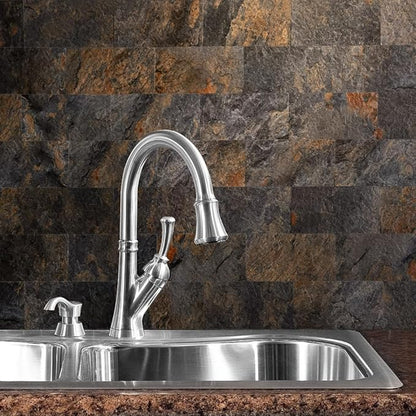 AULIGET 200 Pieces Rust Slate Peel and Stick Backsplash Wall Tiles, 3" x 6" PVC Faux Stone Stick on Tiles for Backsplash Kitchen, Bathroom, Laundry Room, Camper, Fireplace