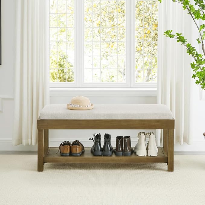 24KF Large Rectangular Storage Bench,Upholstered Seat Cushion,Ottoman Coffee Table with Beige Removable Cushion for Living Room,Entryway Bench Bed Bench with Solid Wood Shelf,5069-Beige