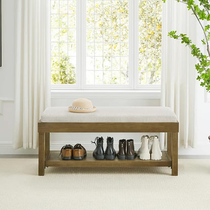 24KF Large Rectangular Storage Bench,Upholstered Seat Cushion,Ottoman Coffee Table with Beige Removable Cushion for Living Room,Entryway Bench Bed Bench with Solid Wood Shelf,5069-Beige