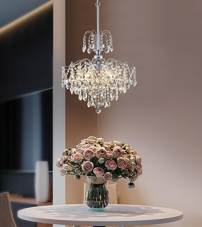 Q&S Modern Crystal Chandelier Chrome Pendant Light 6 Lights for Dining Room Kitchen Island Entryway Bathroom Hallway UL Listed