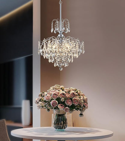 Q&S Modern Crystal Chandelier Chrome Pendant Light 6 Lights for Dining Room Kitchen Island Entryway Bathroom Hallway UL Listed