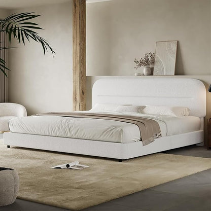 HOMBCK King Size Boucle Bed Frame, White Upholstered Platform King with Soft Headboard, Thickened Footboard, Rounded Corners, No Box Spring Required, Easy Assembly, White