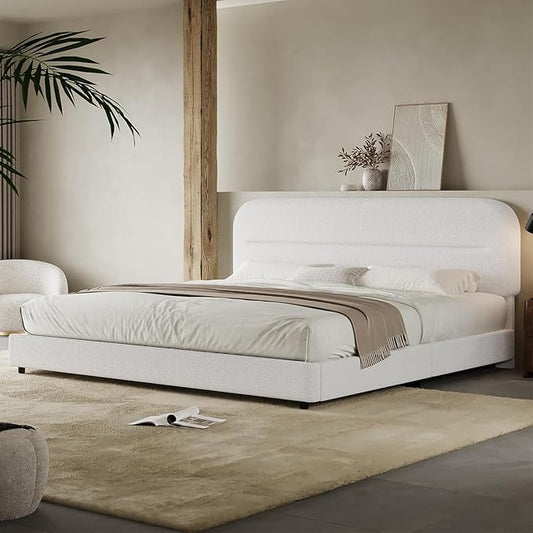 HOMBCK King Size Boucle Bed Frame, White Upholstered Platform King with Soft Headboard, Thickened Footboard, Rounded Corners, No Box Spring Required, Easy Assembly, White
