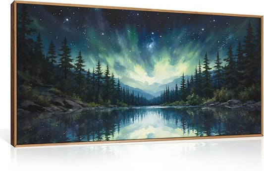 HOURIA Northern Lights Forest Lake Framed Canvas Wall Art Set,Aurora Borealis Mountain Wall Decor,Night Sky Reflective Water Artwork,Modern Wilderness Landscape Prints for Living Room,Office-20"x40"x1