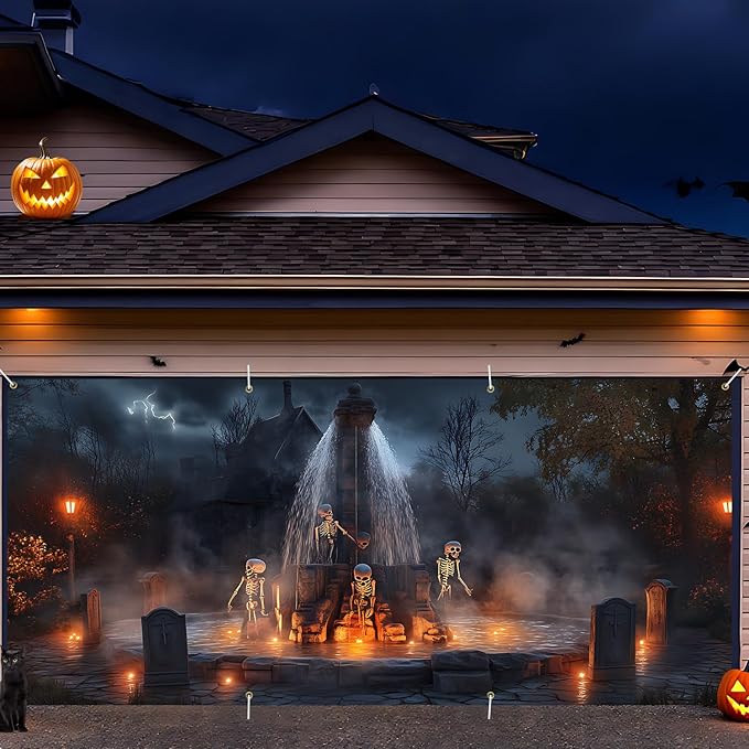 6 x 13 ft Halloween Garage Door Decorations Halloween decorations Witch Door Cover, Hanging Banner, Cauldron Backdrop Mural for Home, Outdoor, Indoor, Spooky Party, Wall, Window (Fountain)