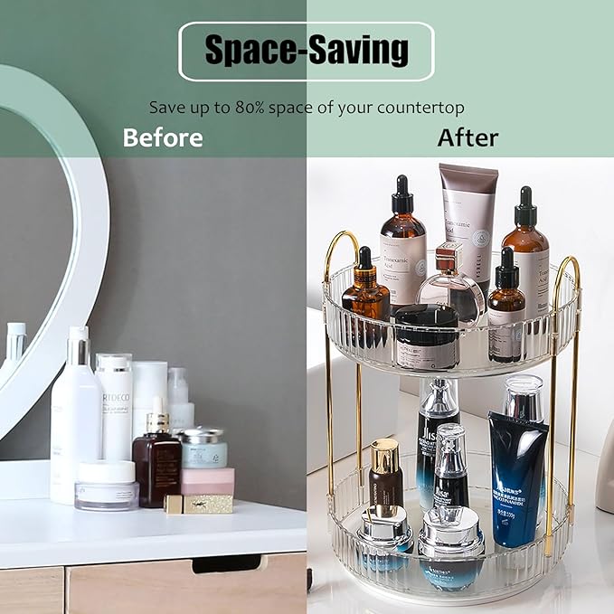 Rotating Makeup Organizer Countertop 2 Tier Lazy Susan Clear Skincare Perfume Storage for Bathroom Counter Vanity, Transparent