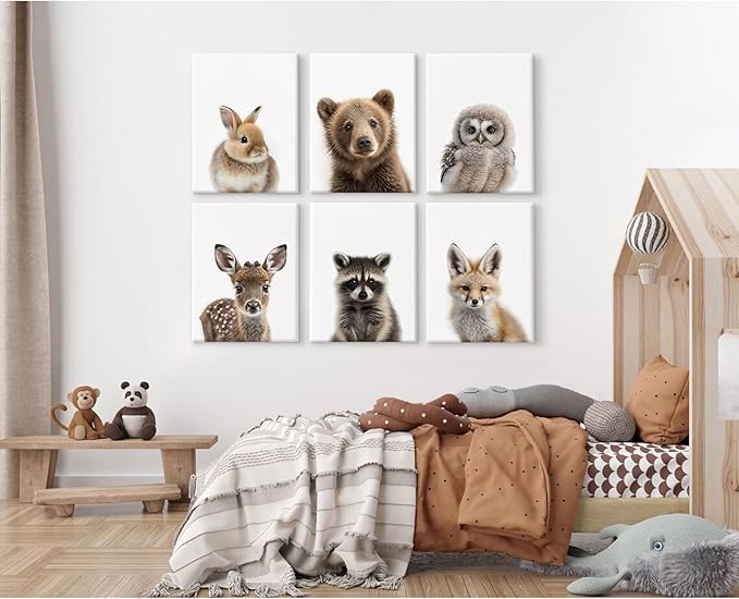 Nursery Animal Wall Art Pictures Baby Safari Canvas Wall Decor Jungle Woodland Wall Art Cute Animal Prints Paintings Nursery Kids Posters for Boys Girls Room Bedroom 12x16 Inch Wrapped Canvas Set of 6
