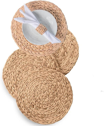 13.8" Set of 4 Round Water Hyacinth Placemats | Boho Woven Rattan Table Mats | Farmhouse Wicker Spring Plate Chargers Like Corn Husk, Seagrass for Wedding, Party, Christmas, Events