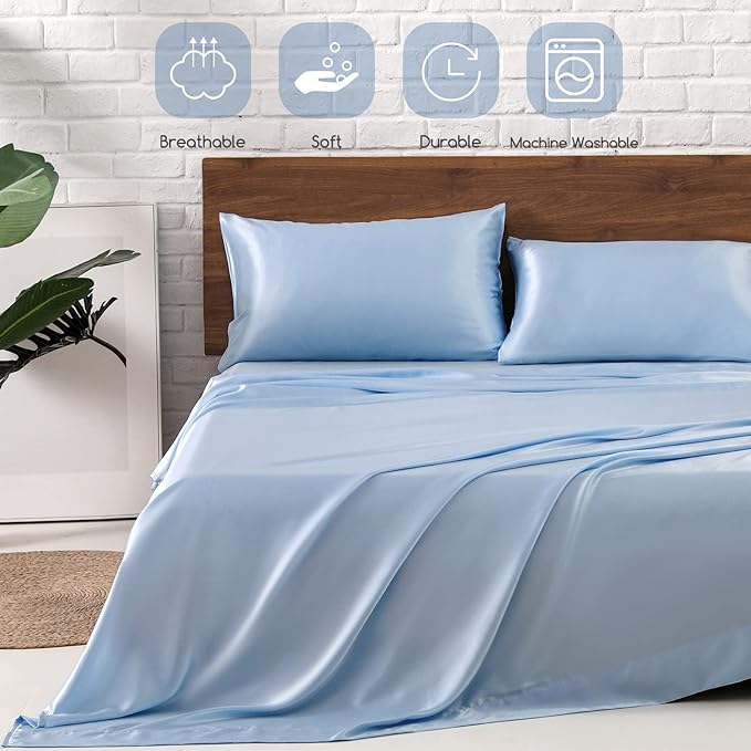 MR&HM Satin Bed Sheets, Queen Size Sheets Set, 4 Pcs Silky Bedding Set with 15 Inches Deep Pocket for Mattress (Queen, Light Blue)