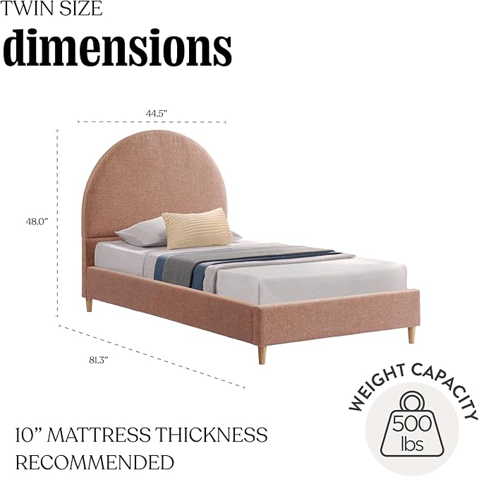 DG Casa Quinn Twin Upholstered Platform Bed Frame, Arch-Shaped Headboard, Solid Natural Wood Legs, Timeless Modern Design, Curved Headboard, Wooden Slat Support System, Blush