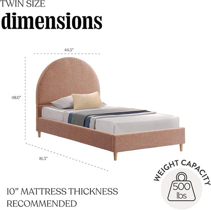 DG Casa Quinn Twin Upholstered Platform Bed Frame, Arch-Shaped Headboard, Solid Natural Wood Legs, Timeless Modern Design, Curved Headboard, Wooden Slat Support System, Blush