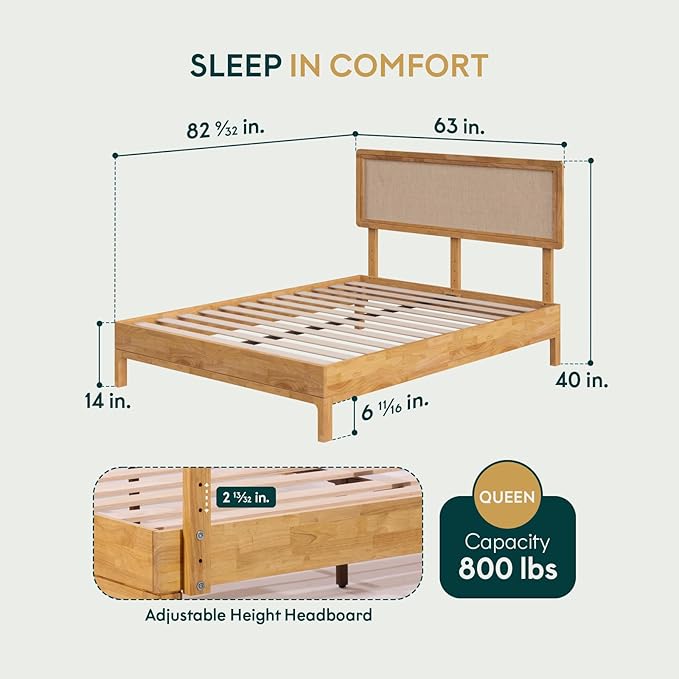 Bme Nipe Bed Frame with Headboard, Bohemian and Mid-Century Modern Style, Solid Rubber Wood Platform Bed with Slat Support, No Box Spring Needed, Easy Assembly, Queen - Light Natural