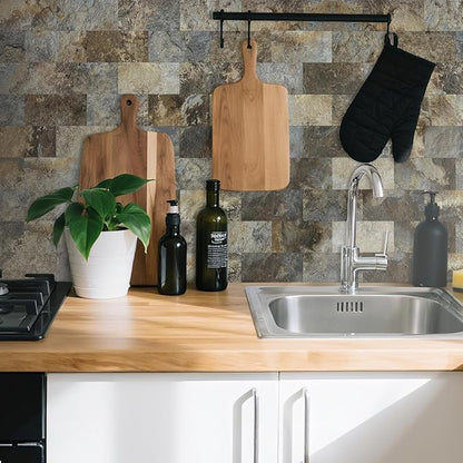 AULIGET 3" x 6" Subway Tile Peel and Stick Backsplash, Thick PVC Stick on Wall Tiles (100, Beige & Brown Slate)