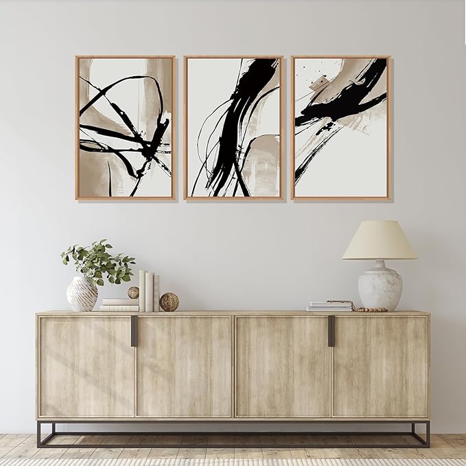 HOURIA Large Abstract Tan and Black Brush Stroke Framed Canvas Wall Art Set,Textured Beige Circle Wall Decor,Minimalism Brown Ink Line Artwork,Modern Shape Art Print for Living Room,Bedroom- 24"x36"x3