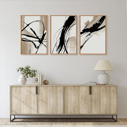 HOURIA Large Abstract Tan and Black Brush Stroke Framed Canvas Wall Art Set,Textured Beige Circle Wall Decor,Minimalism Brown Ink Line Artwork,Modern Shape Art Print for Living Room,Bedroom-16 x24 x3
