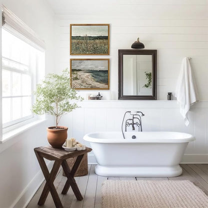 KBKBART Framed Canvas Print Wall Art, Vintage Wall art Wildflower Field Vintage Print, Neutral Country Meadow Landscape Nature Painting Rustic Farmhouse Decor, Retro Botanical Bathroom Wall Decor for