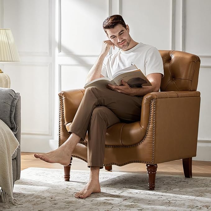 HULALA HOME Mid Century Modern Leather Club Chairs, Top-Grain Genuine Leather Armchairs with Button-Tufted Back & Solid Wood Legs, Accent Chairs for Living Room/Bedroom/Home Office, Camel