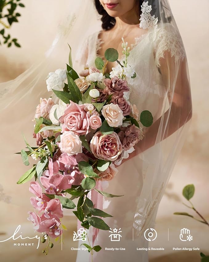 Ling's moment Dusty Rose Bridal Bouquet Cascading, Pink Wedding Bouquets for Bride, 15 Inch Bride Bouquet Orchids Artificial Wedding Flower Bouquet