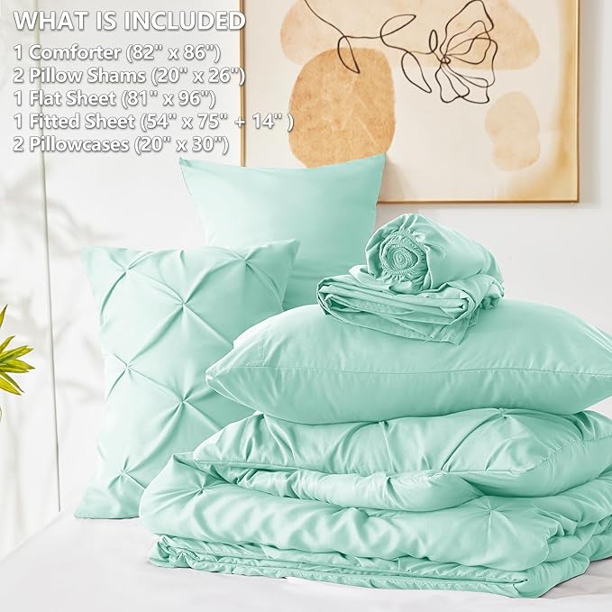 CozyLux Full Size Comforter Sets Mint Green, 7 Pieces Pintuck Bed in A Bag Green Comforter Full Size, Pinch Pleat Bedding Sets with All Season Comforter, Flat Sheet, Fitted Sheet, Pillowcases & Shams
