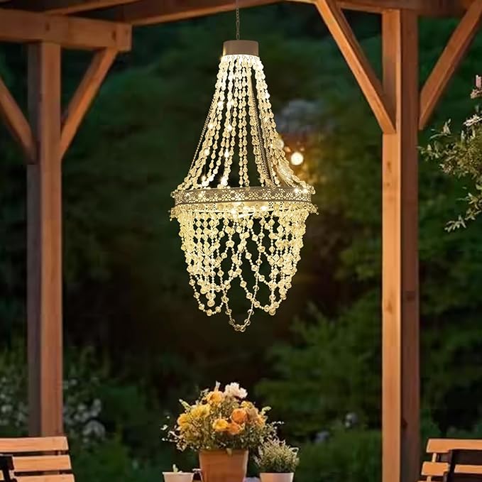 Solar Hanging Crystal Chandelier Outdoor Garden Decorative Lights Powerful Lithium Battery 54 Warm White LEDs Waterproof Hanging Lantern for Christmas Garden, Yard, Patio, Gazebo, Party, Wedding