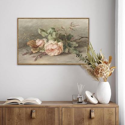 KBKBART Vintage Wall Decor Prints, Retro Still Life Flower Canvas Wall Art, Framed Classical Pink Botanical Print, Vintage Art Painting Flower Wall Decor for Bedroom Living Room Bathroom Gallery(16"x24")