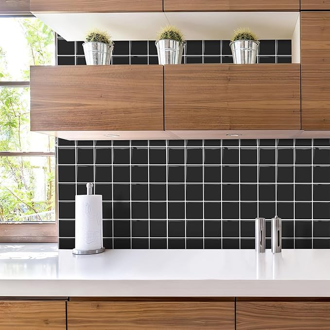 Alwayspon 10 Sheets 10"x10" Black 3D Vinyl Backsplash Tiles, Self-Adhesive Peel and Stick Wall Tile Stickers Stick on Subway Tiles for Kitchen Bathroom Wall