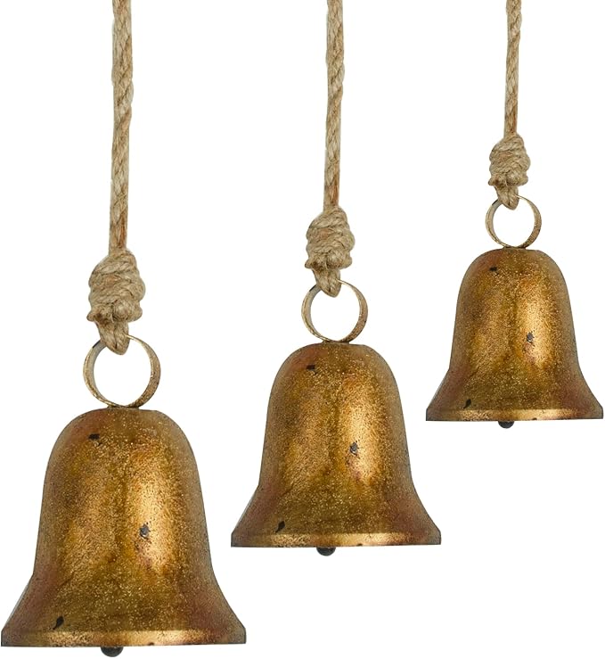 Styleonme Decorative Bells, Classic Bell-Shaped Bell, Vintage Handmade and Rustic Lucky Christmas Bells Hanging on a Rope, Gifts for Mom, Grandma, and Women