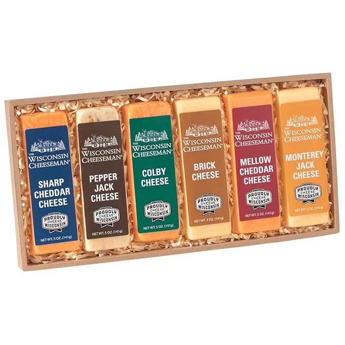 The Wisconsin Cheeseman Assorted Cheese Bars – Sharp Cheddar, Colby, Pepper Jack, Brick, Monterey Jack, Mellow Cheddar – Gift Basket for Adults, Holiday or Thank You Gifts – Pack of 6