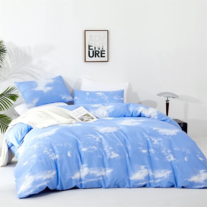 CLOTHKNOW Blue Sky 3Pcs Bedding Set - Twin Comforter Set with 2 Pillowcases, Cotton Microfiber, Cloud Design, Unisex, All Seasons, Machine Wash