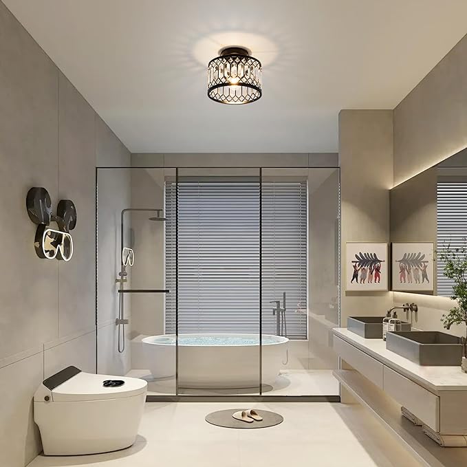 Crystal Ceiling Light Fixture, Modern Semi Flush Mount Ceiling Light,Crystal for Kitchen Bedroom Bathroom Entryway Black (Bulb not Included)