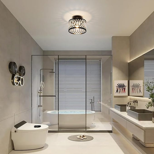 Crystal Ceiling Light Fixture, Modern Semi Flush Mount Ceiling Light,Crystal for Kitchen Bedroom Bathroom Entryway Black (Bulb not Included)