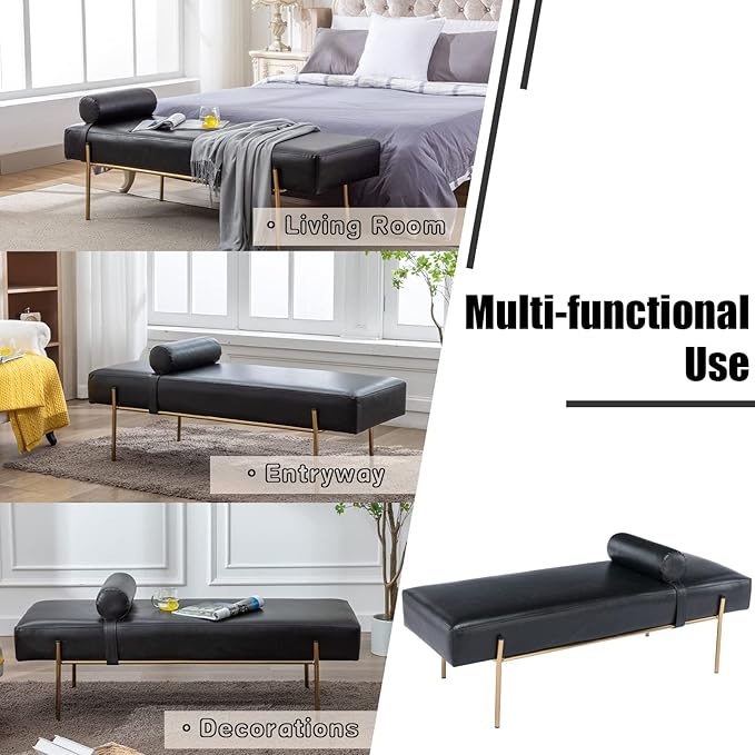 Modern End of Bed Bench, Upholstered Entryway Bench with Detachable Pillow for Living Room, PU Leather Ottoman Bench with Gold Metal Legs, Comfy Cushion Bedroom Decoration Benches (Black)